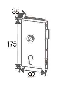 Technical drawing of rectangular frameless mechanical lever lock JPL-4076 with U-shaped lever handle