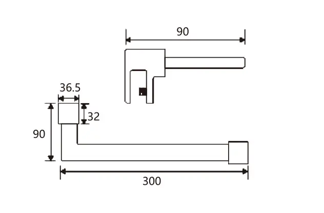 Technical drawing of square frameless shower glass door stay bar JSB-3530with right-angle design