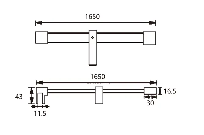 Technical drawing of square stay bar with center support bracket JSB-3532 for shower glass door
