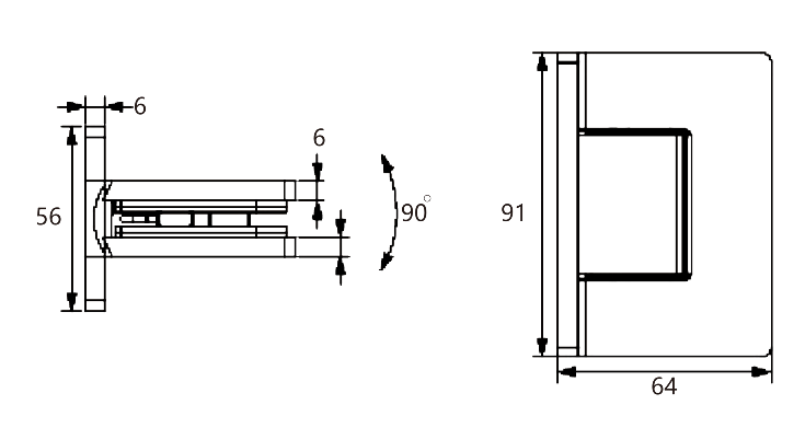 Technical drawing of square edge brass 90 degree glass to wall shower hinge JSH-2010 with invisible screws