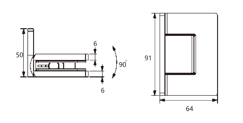Technical drawing of square edge adjustable 90 degree wall mount shower hinge JSH-2010A with invisible screws