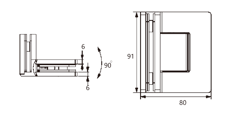 Technical drawing of square edge adjustable 90 degree glass to glass shower hinge JSH-2011 with concealed fixing