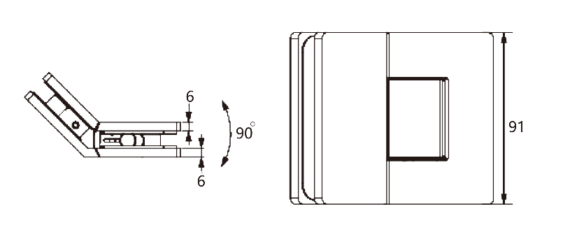 Technical drawing of square edge adjustable 135 degree glass to glass shower hinge JSH-2012