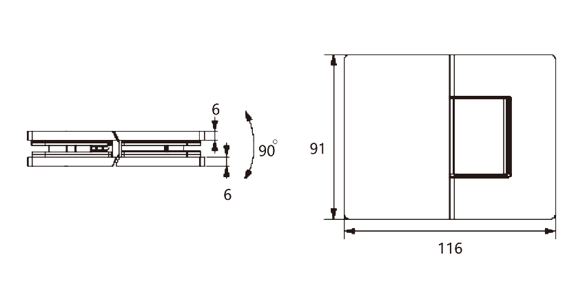 Technical drawing of square edge adjustable 180 degree glass to glass shower hinge JSH-2013