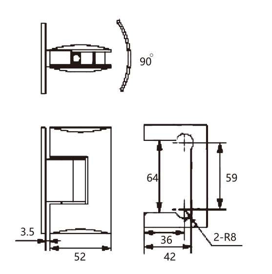 Technical drawing of rounded edge brass 90 degree glass to wall hinge JSH-2050 for shower glass door