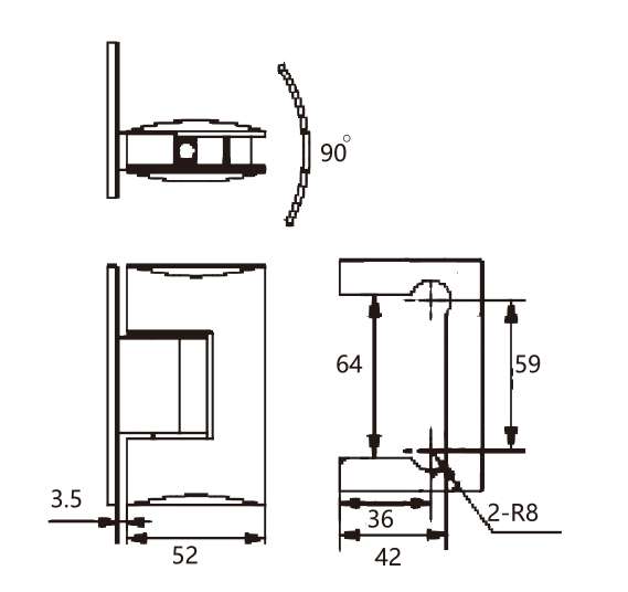 Technical drawing of rounded edge brass 90 degree wall mount shower hinge JSH-2050A with exposed mounting plate