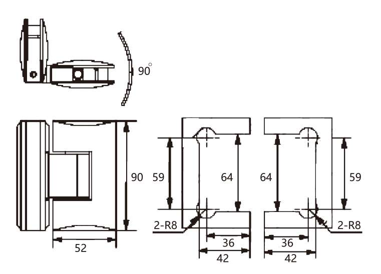 Technical drawing of rounded edge brass 90 degree glass to glass hinge JSH-2051 for shower glass door