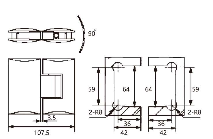 Technical drawing of rounded edge brass 180 degree glass to glass hinge JSH-2053 for shower glass door