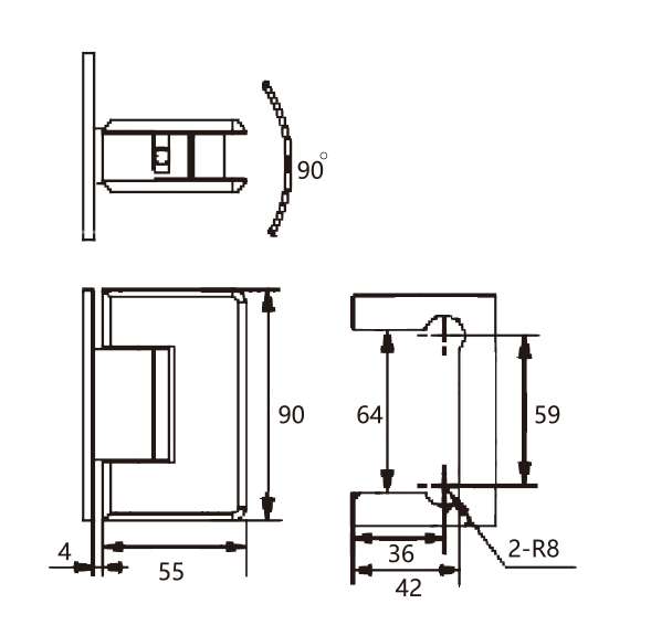 Technical drawing of rounded edge brass 90 degree glass to wall shower hinge JSH-2060