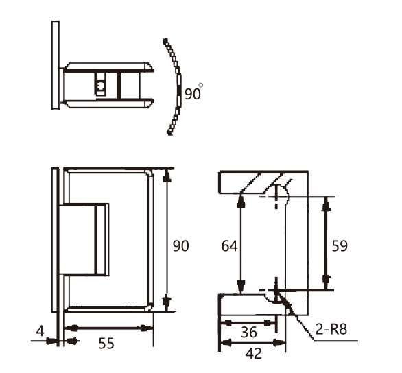 Technical drawing of rounded edge brass 90 degree wall mount shower hinge JSH-2060A