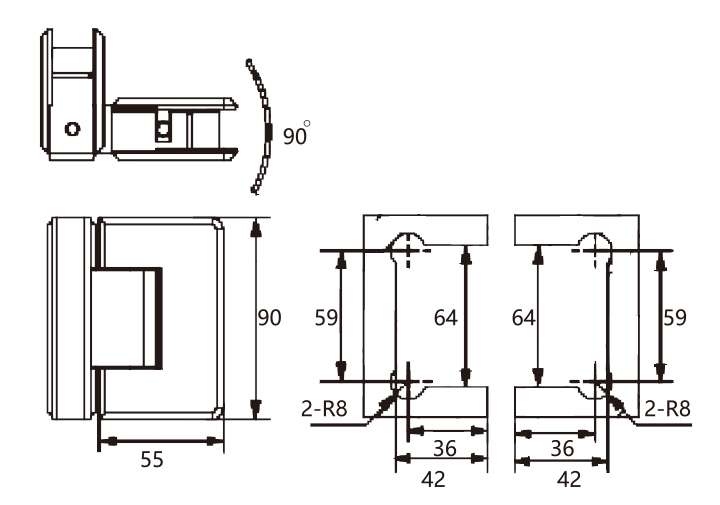 Technical drawing of rounded edge brass 90 degree glass to glass shower hinge JSH-2061