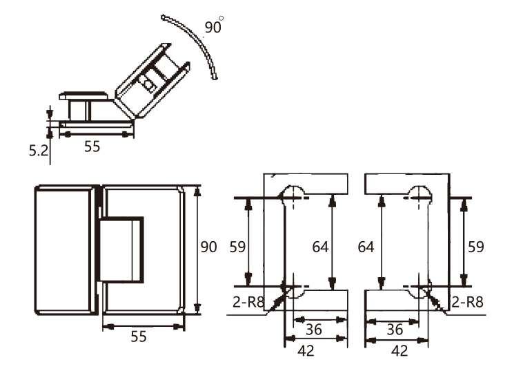 Technical drawing of rounded edge brass 135 degree glass to glass shower hinge JSH-2062