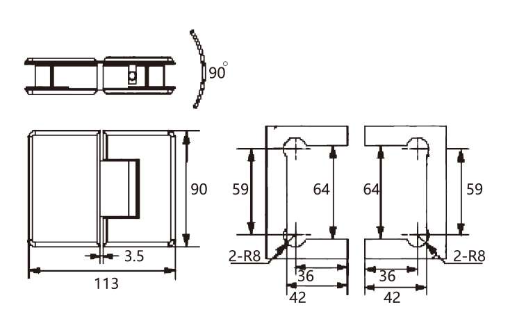 Technical drawing of rounded edge brass 180 degree glass to glass shower hinge JSH-2063