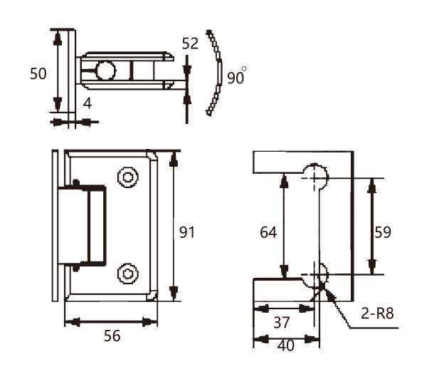 Technical drawing of rounded edge brass adjustable 90 degree glass to wall shower hinge JSH-2064
