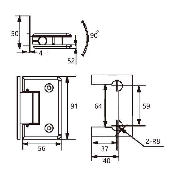 Technical drawing of rounded edge brass adjustable 90 degree wall mount shower hinge JSH-2064A with full back plate