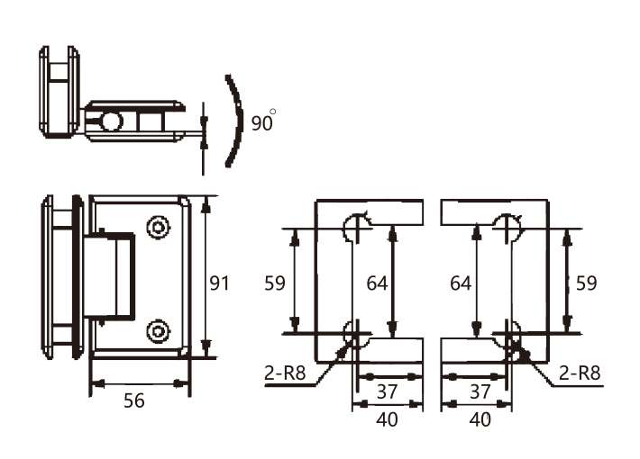 Technical drawing of rounded edge brass adjustable 90 degree glass to glass shower hinge JSH-2065