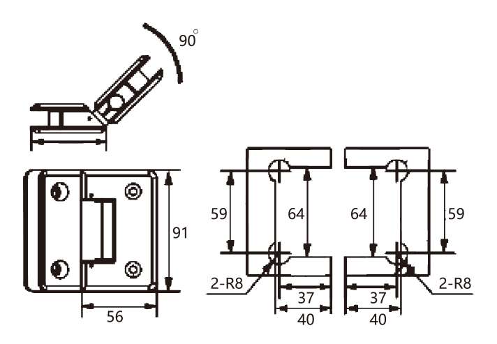 Technical drawing of rounded edge brass 135 degree adjustable glass to glass shower hinge JSH-2066