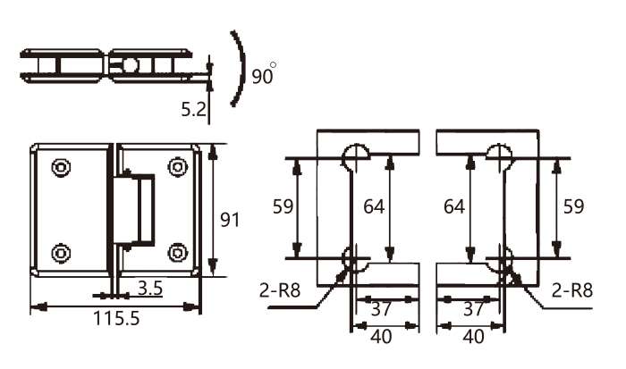 Technical drawing of rounded edge brass 180 degree adjustable glass to glass shower hinge JSH-2067