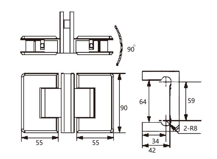 Technical drawing of rounded edge brass T hinge JSH-2068 for frameless shower glass door
