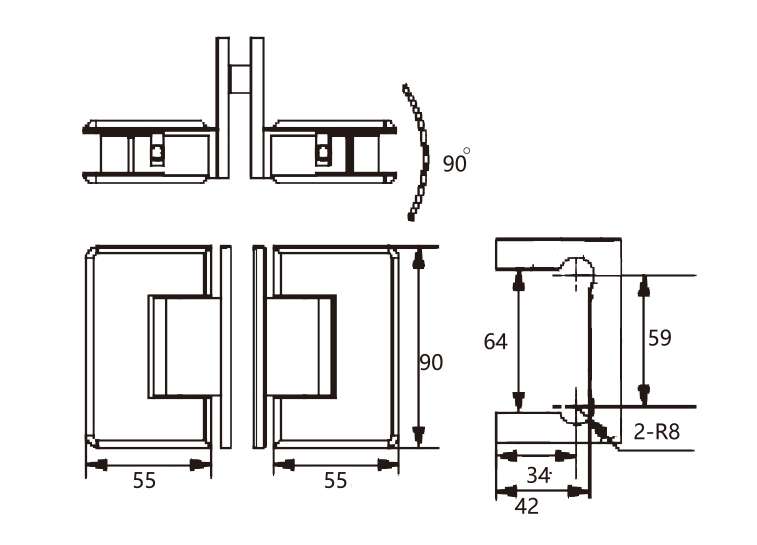 Technical drawing of rounded edge brass T hinge JSH-2068A for frameless shower glass door