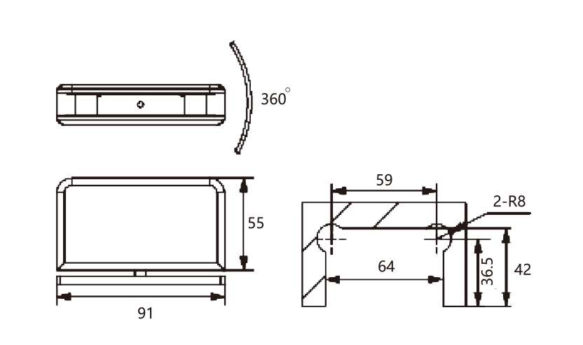 Technical drawing of flat rectangular brass 90 degree glass to wall hinge JSH-2069 for shower glass door