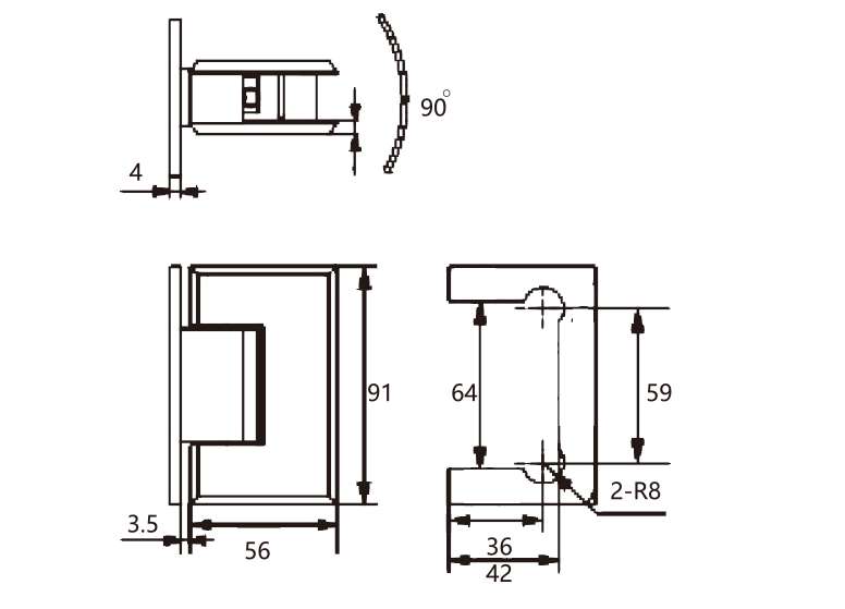 Technical drawing of flat rectangular brass 90 degree glass to wall shower hinge JSH-2070