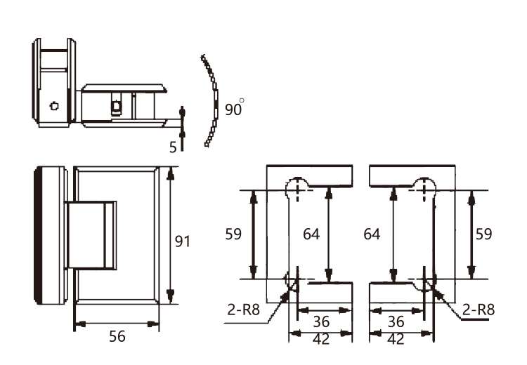 Technical drawing of flat rectangular brass 90 degree glass to glass shower hinge JSH-2071