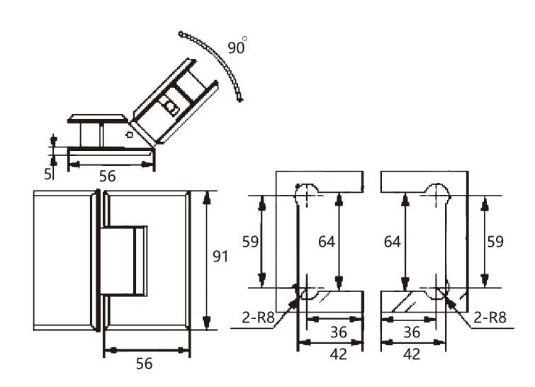 Technical drawing of flat rectangular brass 135 degree glass to glass shower hinge JSH-2072