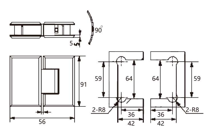 Technical drawing of flat rectangular brass 180 degree glass to glass shower hinge JSH-2073