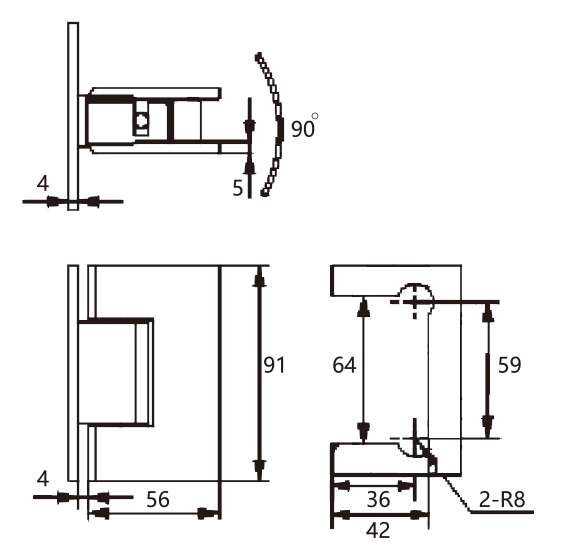 Technical drawing of 90 degree glass to wall brass shower hinge JSH-2080 with right angle