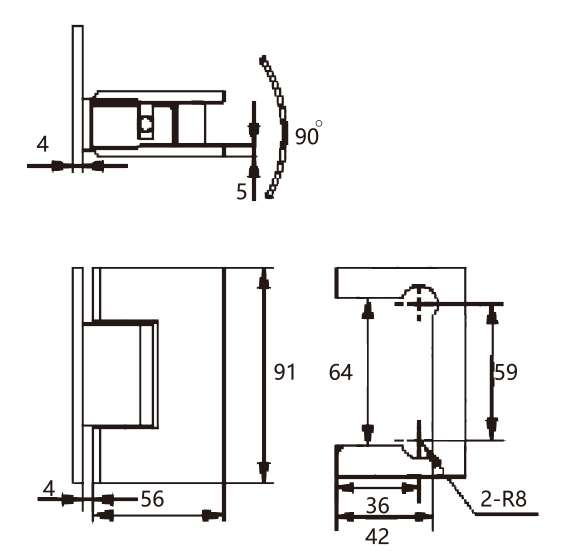 Technical drawing of 90 degree wall mount brass shower hinge JSH-2080A with right angle