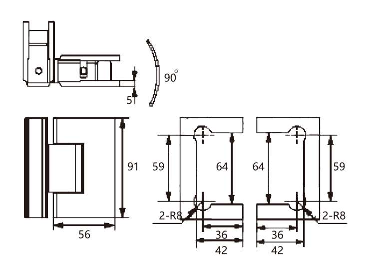 Technical drawing of 90 degree glass to glass brass shower hinge JSH-2081 with right angle