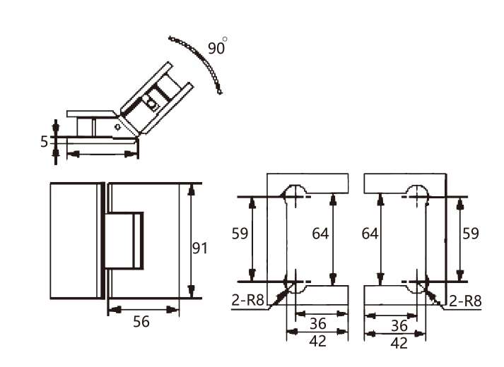 Technical drawing of 135 degree glass to glass brass shower hinge JSH-2082 with right angle
