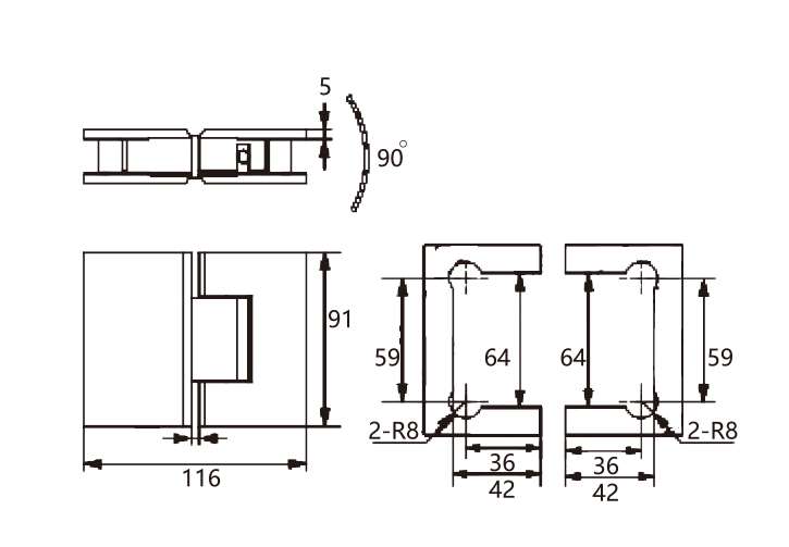 Technical drawing of 180 degree glass to glass brass shower hinge JSH-2083 with right angle