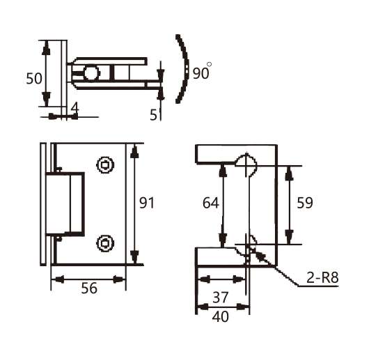 Technical drawing of 90 degree glass to wall adjustable brass shower hinge JSH-2084 with right angle