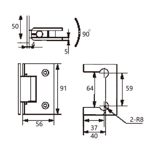 Technical drawing of 	wall mount adjustable brass shower hinge with back plate and right angle
