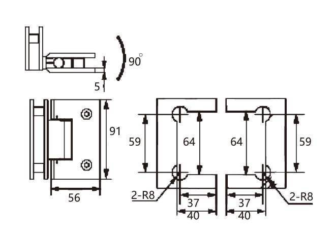 Technical drawing of 90 degree glass to glass adjustable brass shower hinge JSH-2085 with right angle