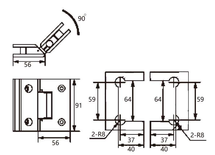 Technical drawing of square edge 135 degree glass to glass adjustable brass shower hinge JSH-2086