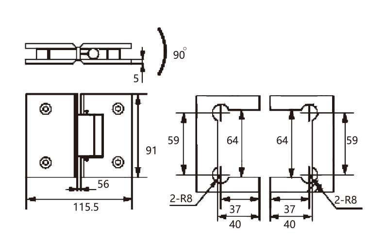 Technical drawing of square edge 180 degree glass to glass adjustable brass shower hinge JSH-2087