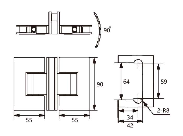Technical drawing of square edge brass T hinge JSH-2088A for shower glass door