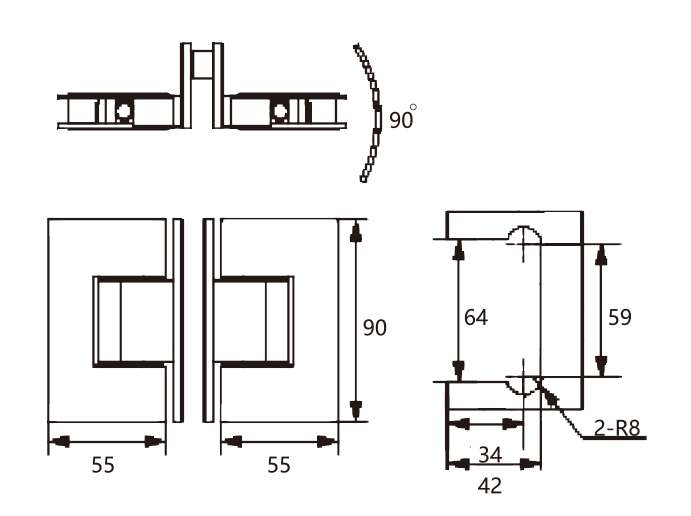 Technical drawing of square edge T hinge JSH-2088A for shower glass door