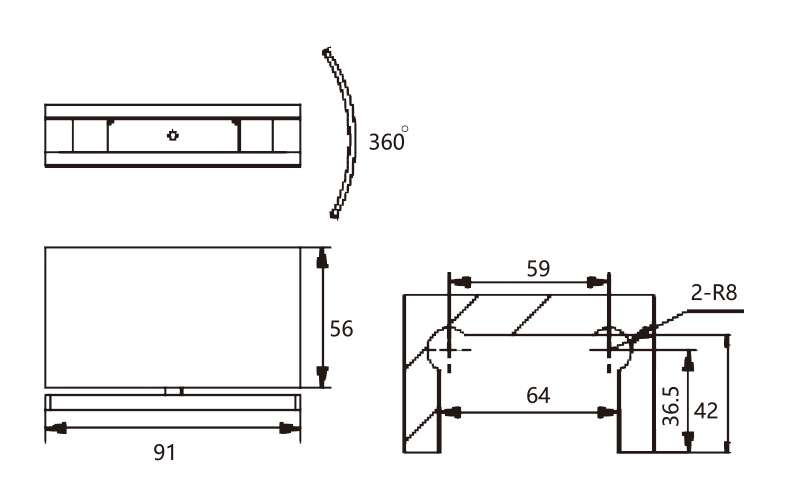 Technical drawing of flat rectangular 90 degree glass to wall shower hinge JSH-2089