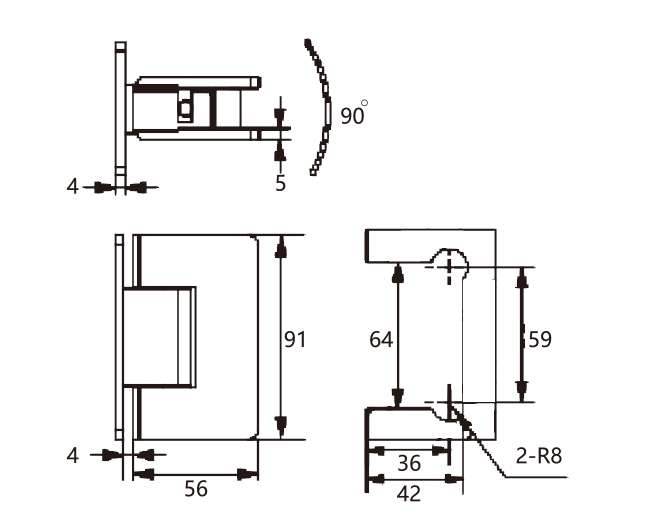 Technical drawing of rectangular 90 degree glass to wall hinge JSH-2090 with rounded edges for shower door