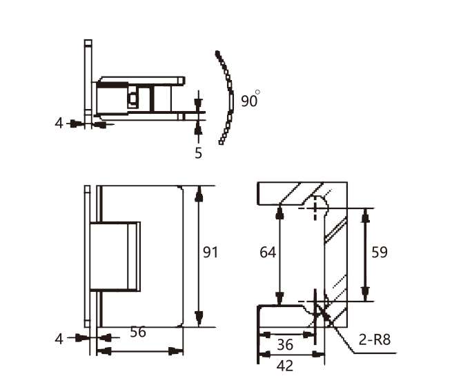 Technical drawing of rectangular wall mount hinge JSH-2090A with rounded edges for shower door