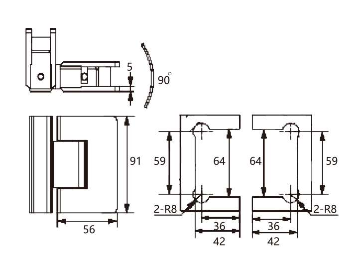 Technical drawing of rectangular 90 degree glass to glass hinge JSH-2091 with rounded edges for shower door