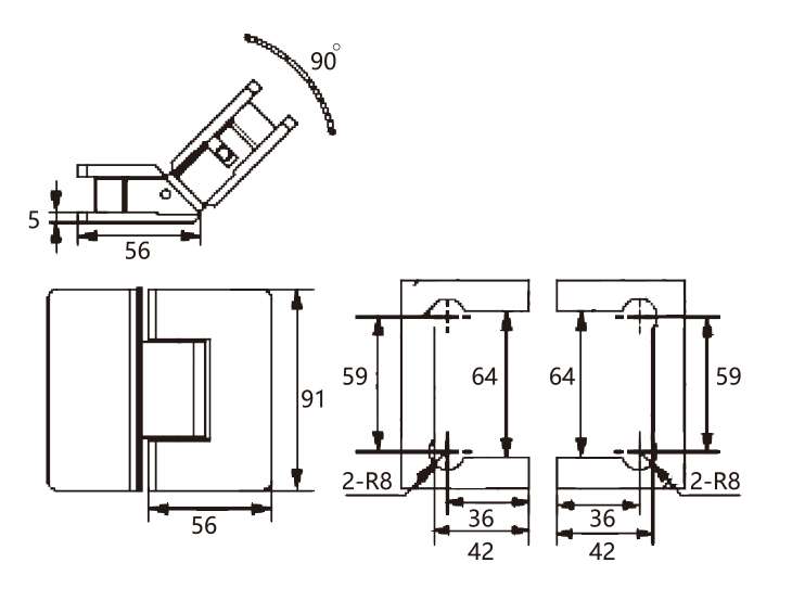 Technical drawing of rectangular 135 degree glass to glass hinge JSH-2092 with rounded edges for shower door
