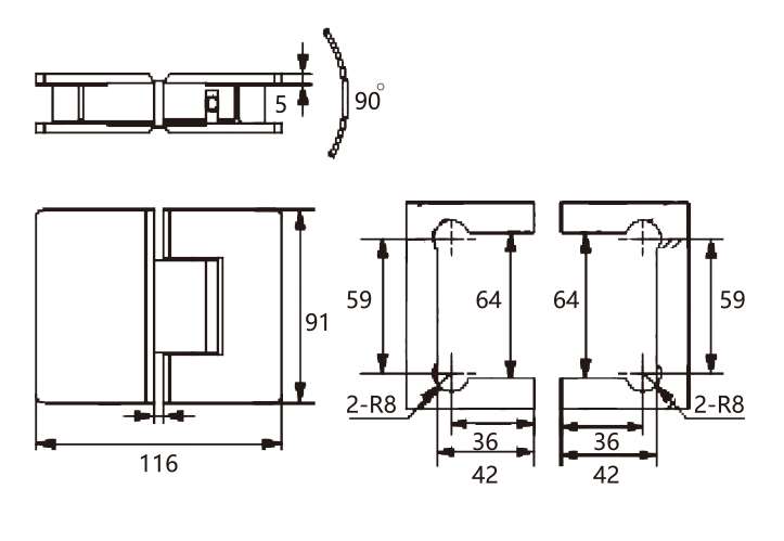 Technical drawing of rectangular 180 degree glass to glass hinge JSH-2093 with rounded edges for shower door