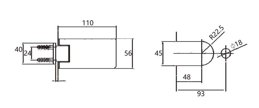 Technical drawing of 90 degree glass to wall hinge JSH-2110 with long flat rectangular plates for shower door