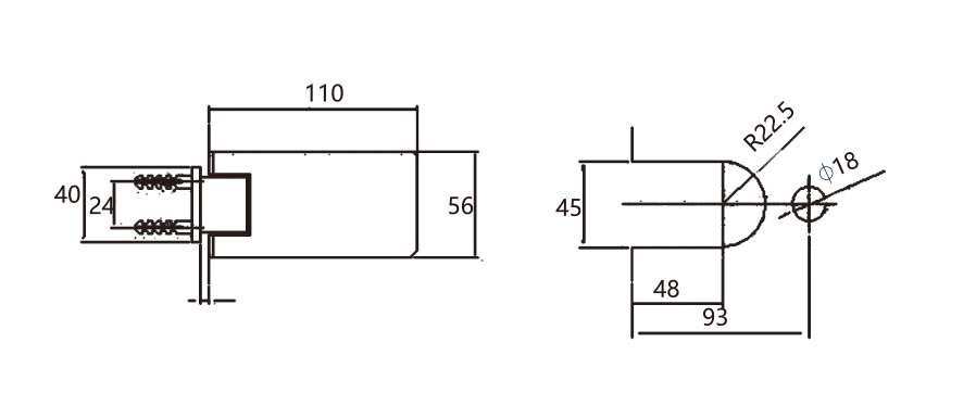 Technical drawing of wall mount hinge JSH-2110A with long flat rectangular plates for shower door
