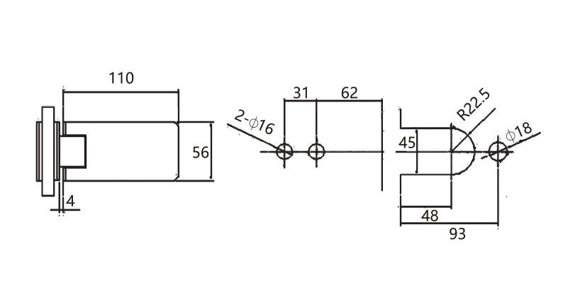 Technical drawing of 90 degree glass to glass hinge JSH-2111 with long flat rectangular plates for shower door
